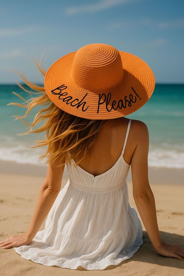 14232-9 Beach Please Yazılı Turuncu Hasır Kloş Şapka - 1