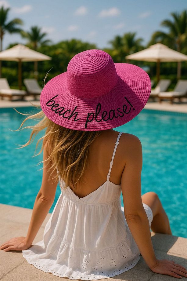 14232-9 Beach Please Yazılı Fuşya Hasır Kloş Şapka - 1