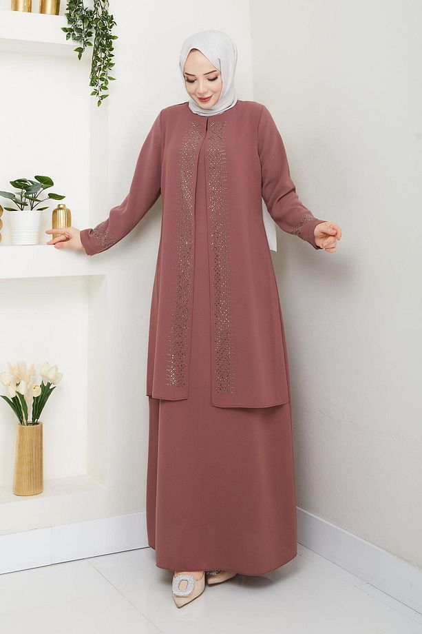 Serpme Taşlı Büyük Beden Anne Elbisesi - 6