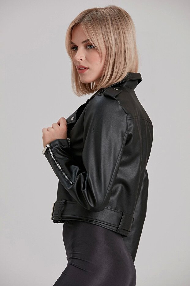 Černá kožená dámská bunda - 6