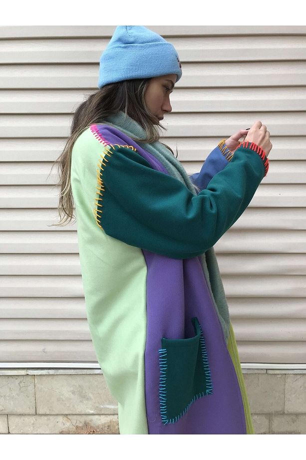Rrenkli Işlemeli Pardösü Patchwork Mor Yeşil Mavi Ceket Palto Yamalı Kaban Mont - 3