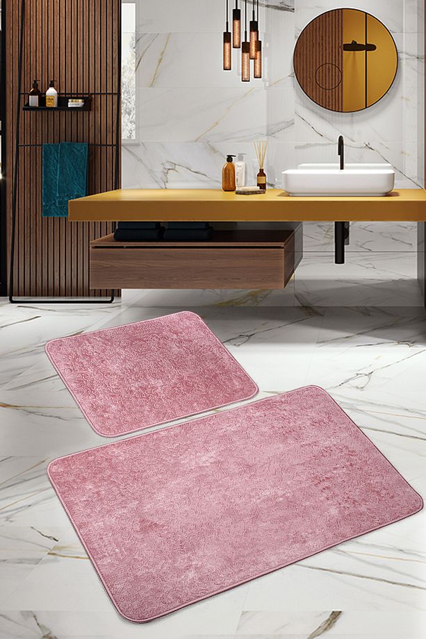Lunessa Pudra İskandinav Desen Modern Yumuşak Makinede Yıkanabilir 2 li Banyo Paspas Takımı - 1