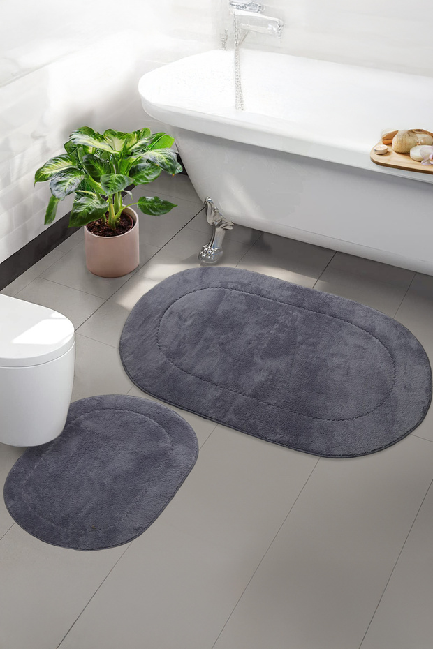 Ellora Gray Oval Bath Mat Set of 2 Leather and Non-Slip Base Soft Textured Machine Washable