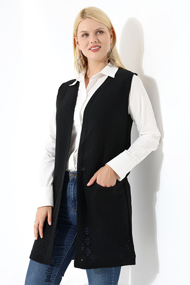 Kadın Siyah Mevsimlik Triko Yelek - 7