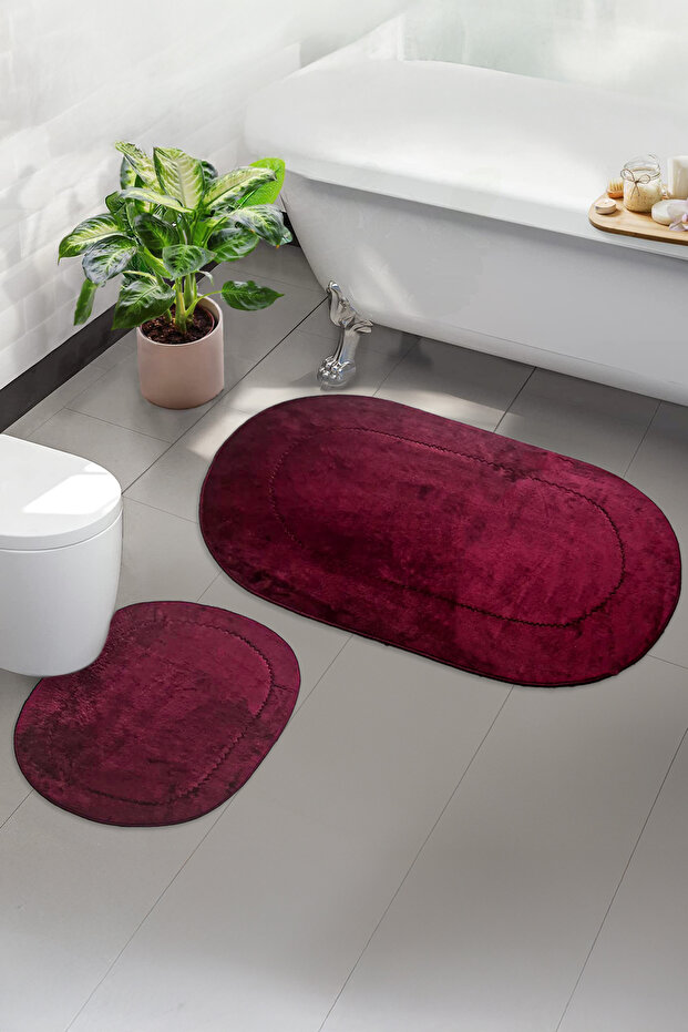 Ellora Plum Oval Bath Mat Set of 2 Leather and Non-Slip Base Soft Textured Machine Washable