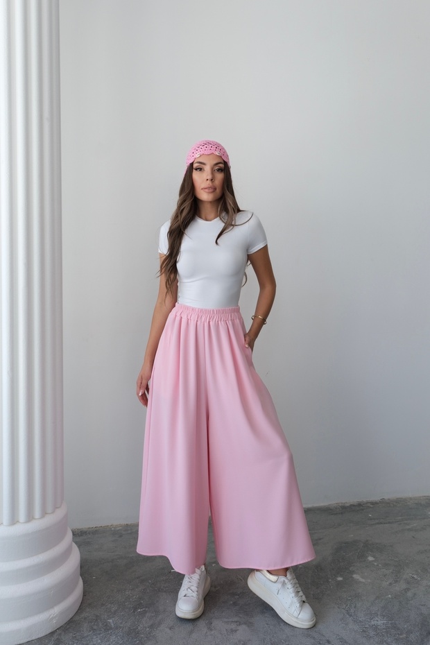 Wide Cut Flared Double Crepe Trouser Skirt with Elastic Waist - Pink