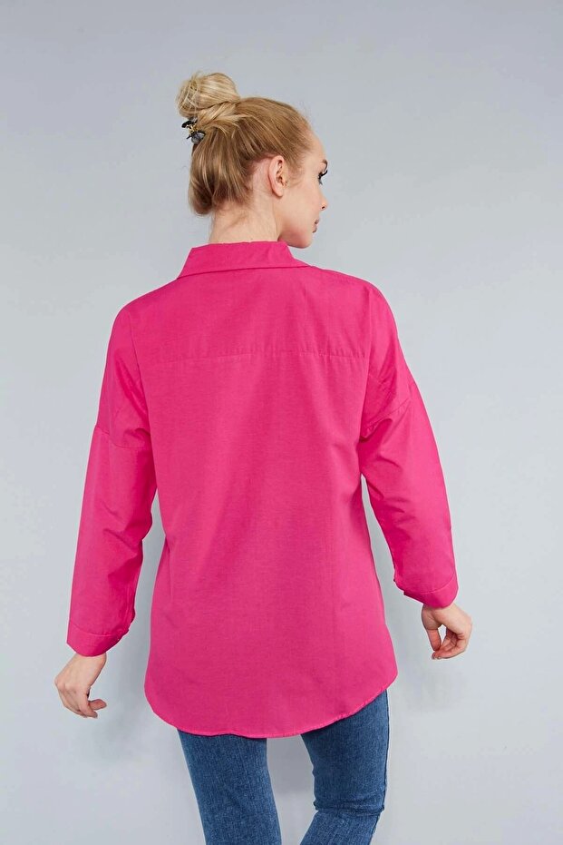 Kadın Koyu Pembe Oversize Uzun Basic Gömlek - 5