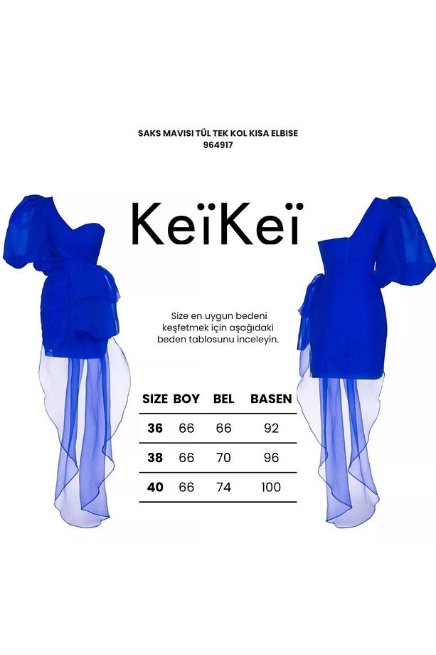 Saks Mavisi Tül Tek Kol Kısa Elbise - 3