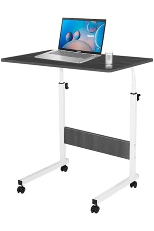 Adjustable Bedside Laptop Table, 60x40cm, Height-Adjustable Rolling Desk with Wooden Tabletop, Black