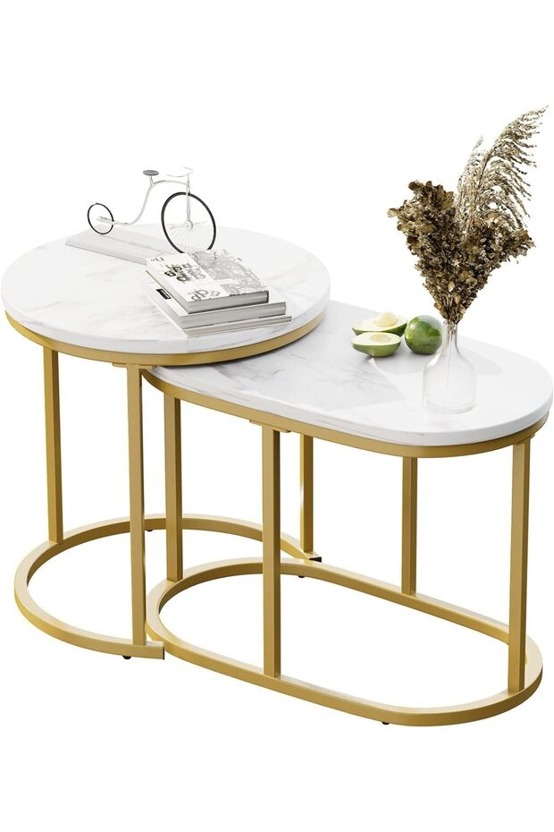 Huhote Round Coffee Tables, Set of 2 End Table, Nesting Tables, Oval Side Table with Metal Frame for - 1