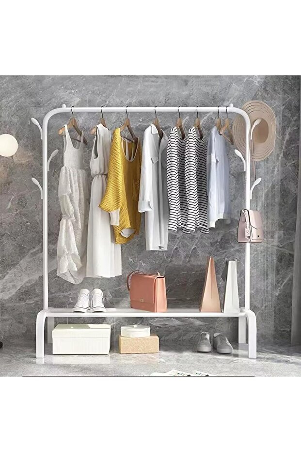Heavy Duty Metal Clothes Stand, Garment Rack with Hanging Single Rod, Storage Shelf, Black (White)