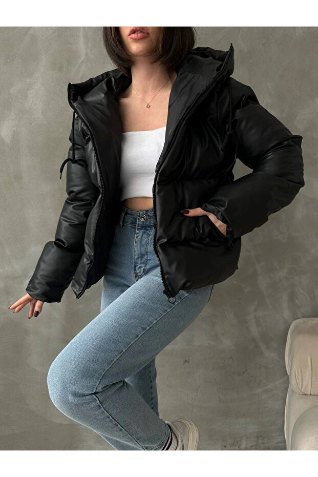 Γυναικείο μπουφάν puffer δερμάτινο, μαύρο. - 3