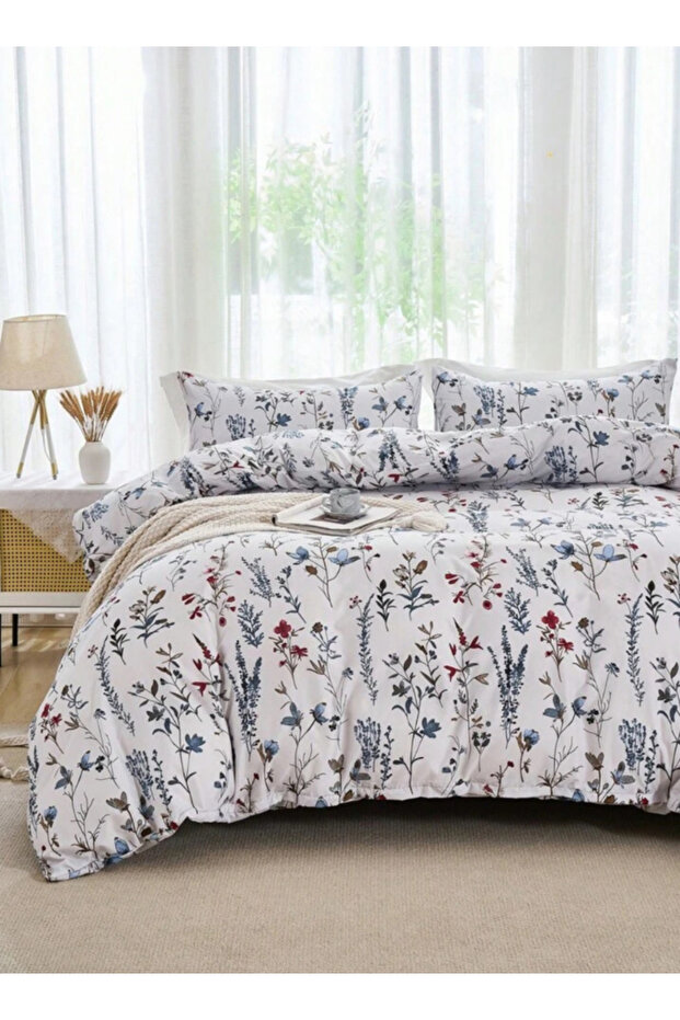 King Size 6-piece Blue Bedding Set Featuring A Botanical Floral Design Duvet Cover 220x240cm.