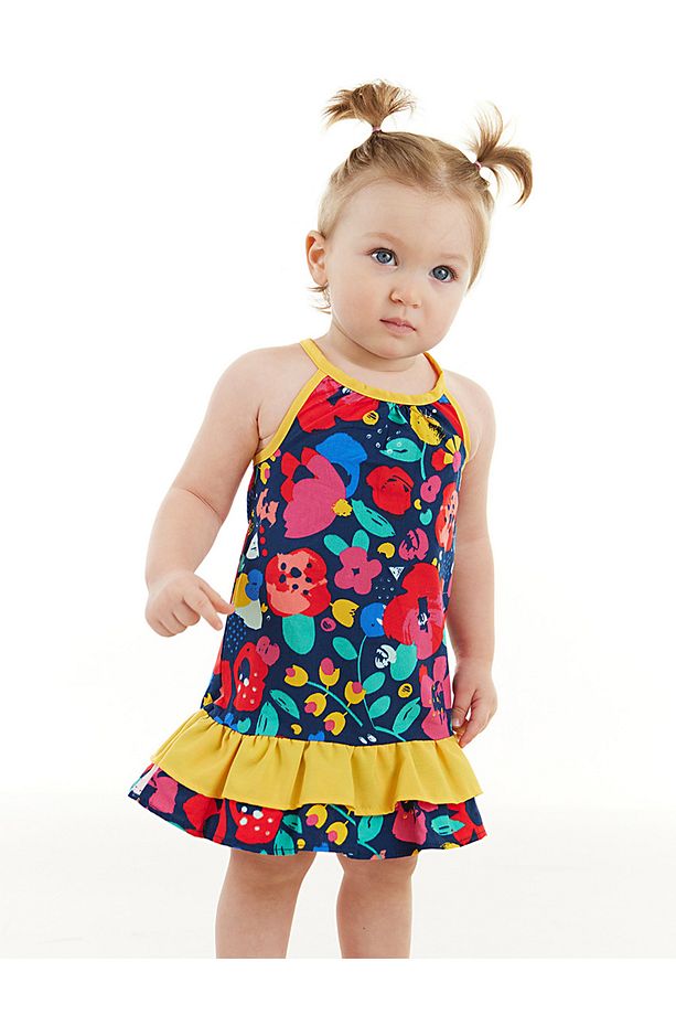 Çiçekli Kız Bebek Poplin Pamuklu Yazlık Askılı Elbise - 1