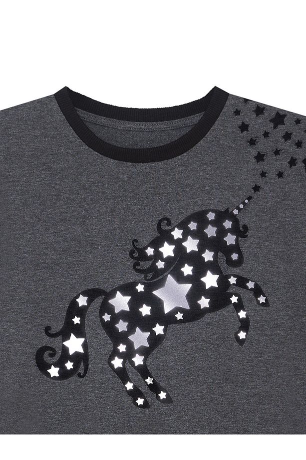 Yıldızlı Unicorn Fırfırlı Kız Çocuk Yazlık Gri Elbise - 6