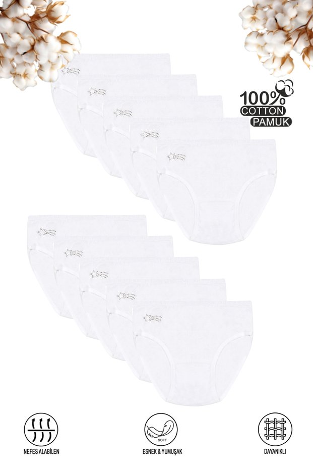 Özkan 0840 10-Pack Girls' 100% Cotton Ribbed Flexible Comfortable Stone Detailed Slip Panties