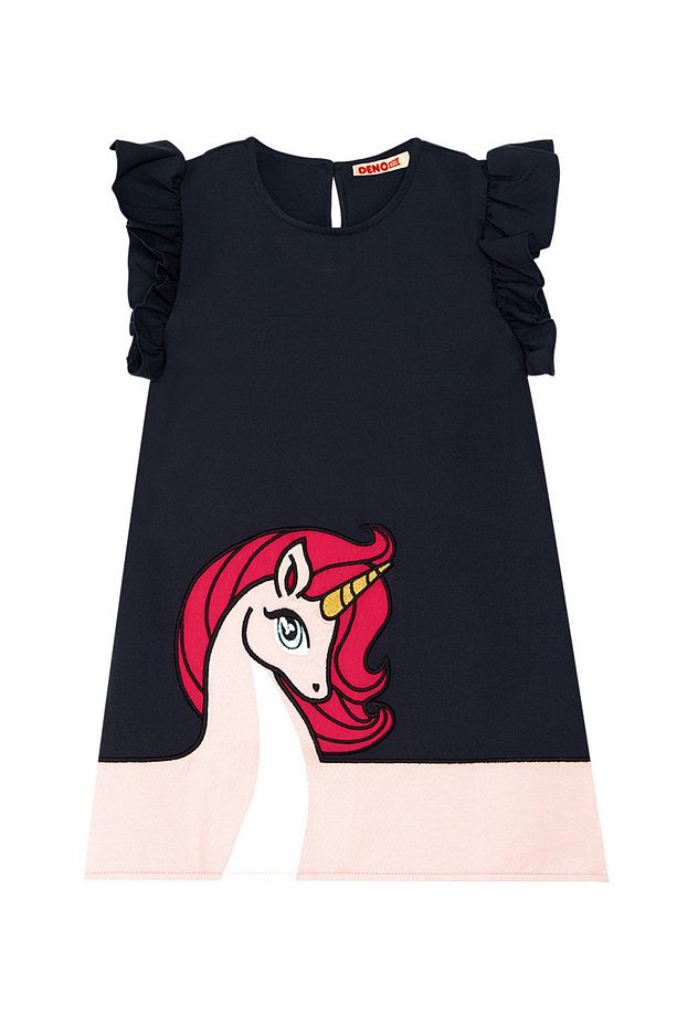 Unique Unicorn Kız Çocuk Fırfırlı Lacivert Yazlık Elbise - 3