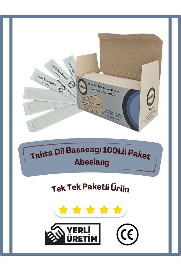 100 adet Tek Tek Paketli Medikal Abeslang, Ahşap Dil Çubuğu, Ağda Spatulası,Tahta Dil Basacağı - 1