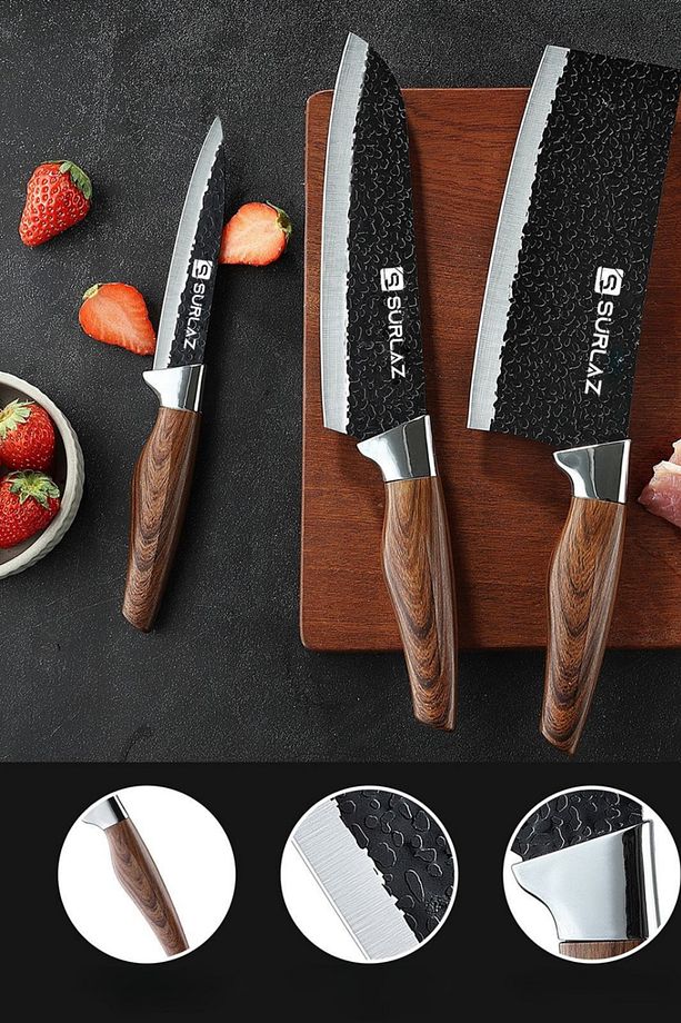 3 Parça Şef Bıçağı Seti Paslanmaz Çelik, El Dövmesi Desen, Ergonomik Ahşap Sap Hediyelik Bıçak Seti - 1