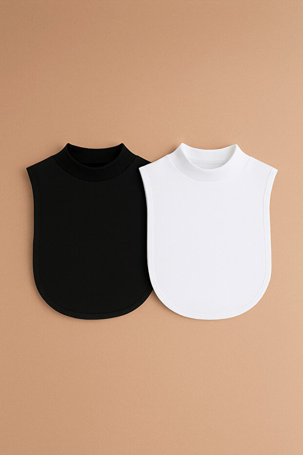 Women's White-Black 2-Piece Hijab Neck Collar Black and White Simit Undergarment Neck Collar Plain Model