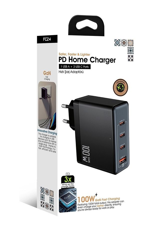 100WHızlı Şarj Adaptörü 3x Usb-C + 1x Usb-A Çoklu Port | Laptop & Telefon Uyumlu | Pd Power Delivery - 3