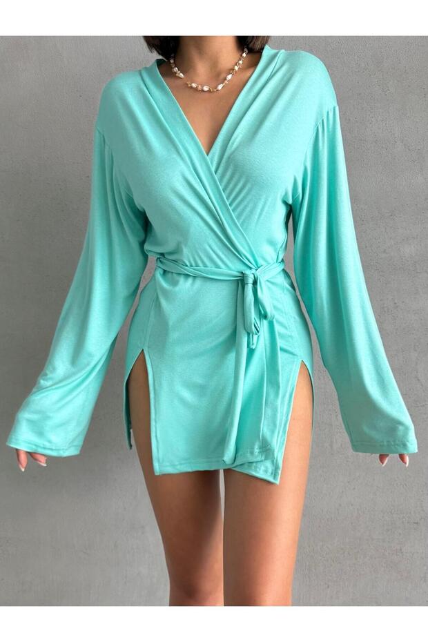 Women's Water Green Miyabi Double Breasted Kimono with Belt Detail