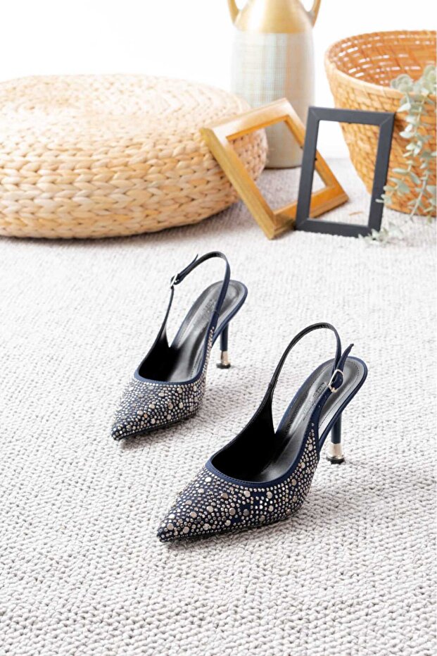 Satin Stone Pointed Toe Navy Blue Color Women's Thin Heeled Evening Dress Shoes