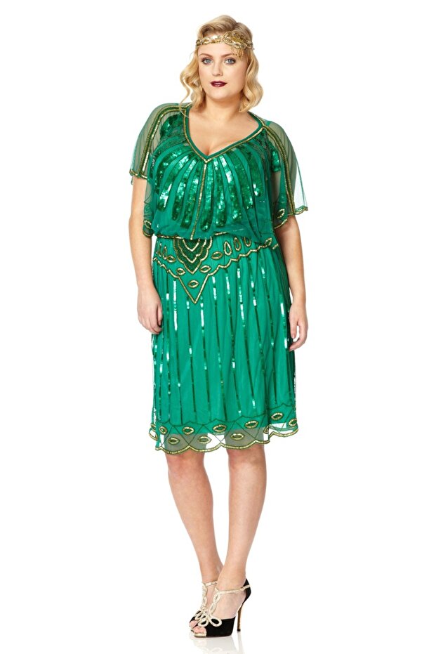 Angel Sleeve Plus Size Flapper Dress in Emerald Green