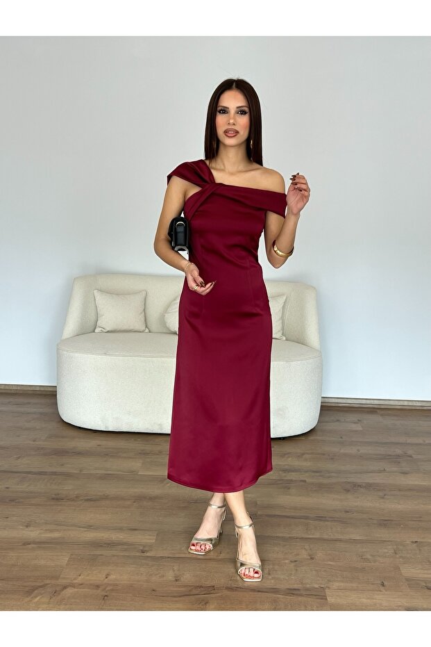 Rochie midi din satin cu umeri - 1