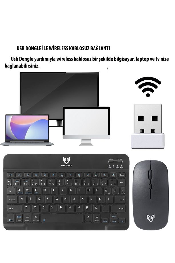 Km-33 Çift Modlu Wireless & Bluetooth Kablosuz Klavye Mouse Set Siyah Pc,tablet,telefon Uyumlu - 4