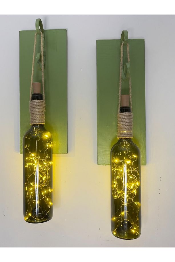 Led Işıklı Yeşil Ahşap Renkli Retro Şarap Şişesi Duvar Aplik 2'li Set - 3