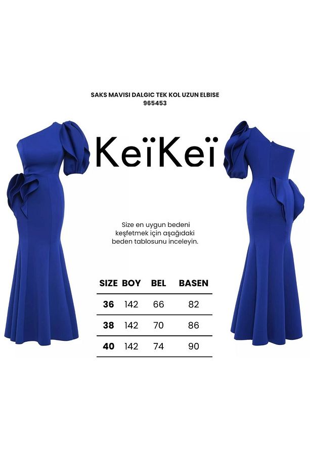 Saks mavisi dalgic tek kol uzun elbise - 3