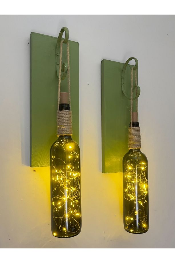 Led Işıklı Yeşil Ahşap Renkli Retro Şarap Şişesi Duvar Aplik 2'li Set - 1
