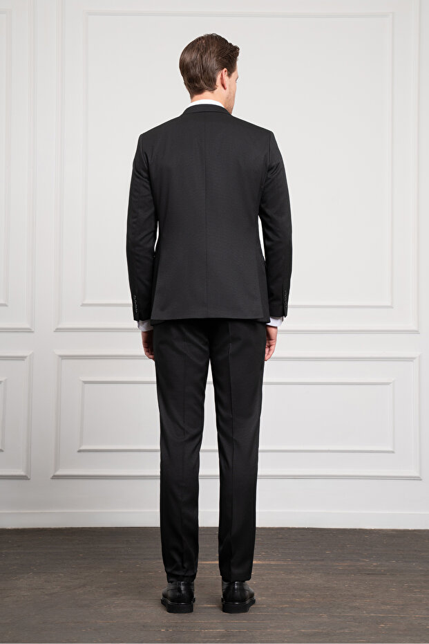 بدلة رجالية سوداء بنمط الجاكار الأساسي بقصة ضيقة وياقة مدببة - 6