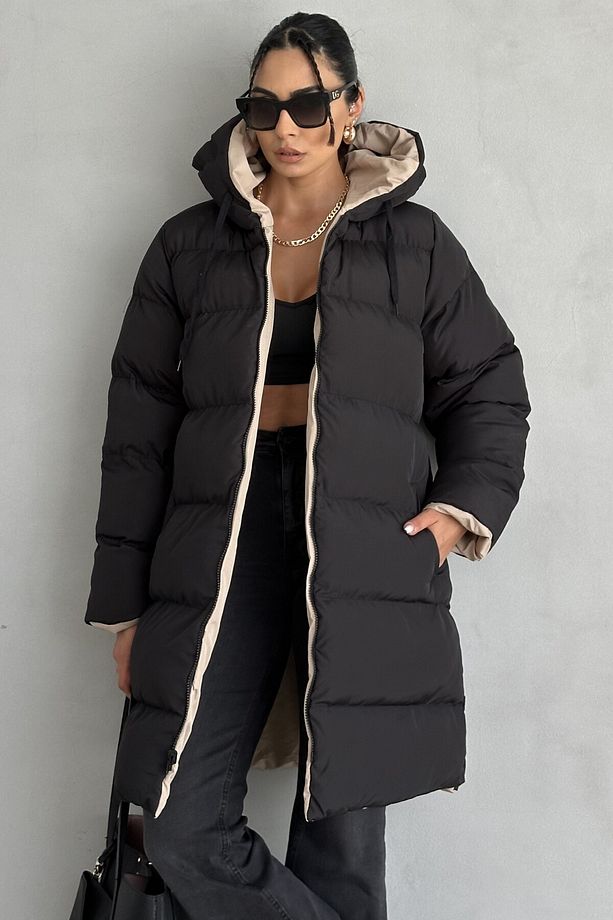Regular Fit Çift Taraflı Uzun Şişme Mont - 1