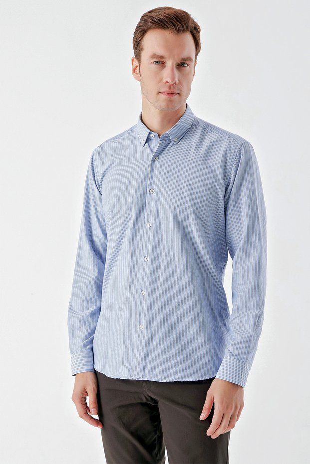 Men's Blue Trend Striped Pattern Button Collar Regular Fit Shirt