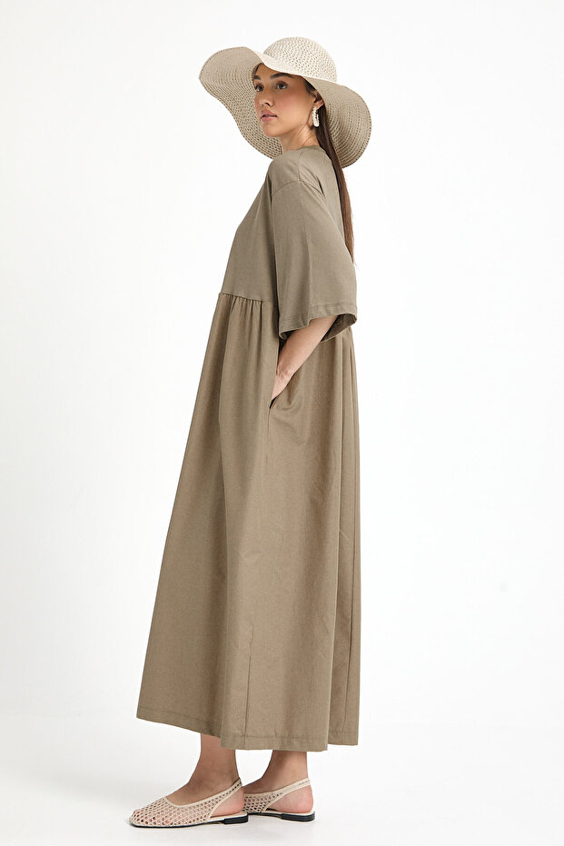 Haki Üstü Penye Altı Dokuma Oversize Uzun Elbise 27258 - 6