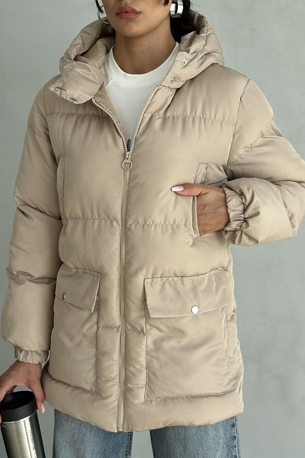 Kapüşonlu Oversize Kadın Şişme Mont - 4 Cep Detaylı, Bej - 6
