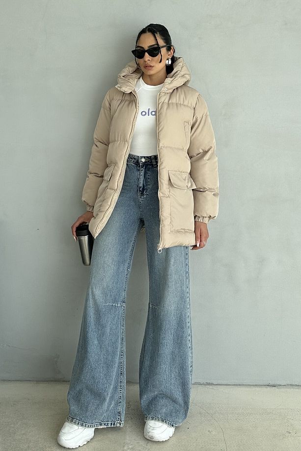 Kapüşonlu Oversize Kadın Şişme Mont - 4 Cep Detaylı, Bej - 7