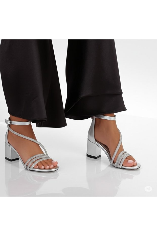 Women's Silver Elegant Stoned Evening Dress Short Heeled Shoes