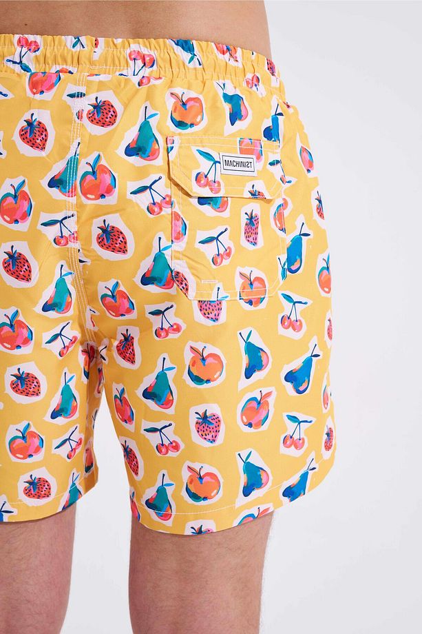 Erkek Cute Fruits Baskılı Sarı Deniz Şortu - 5