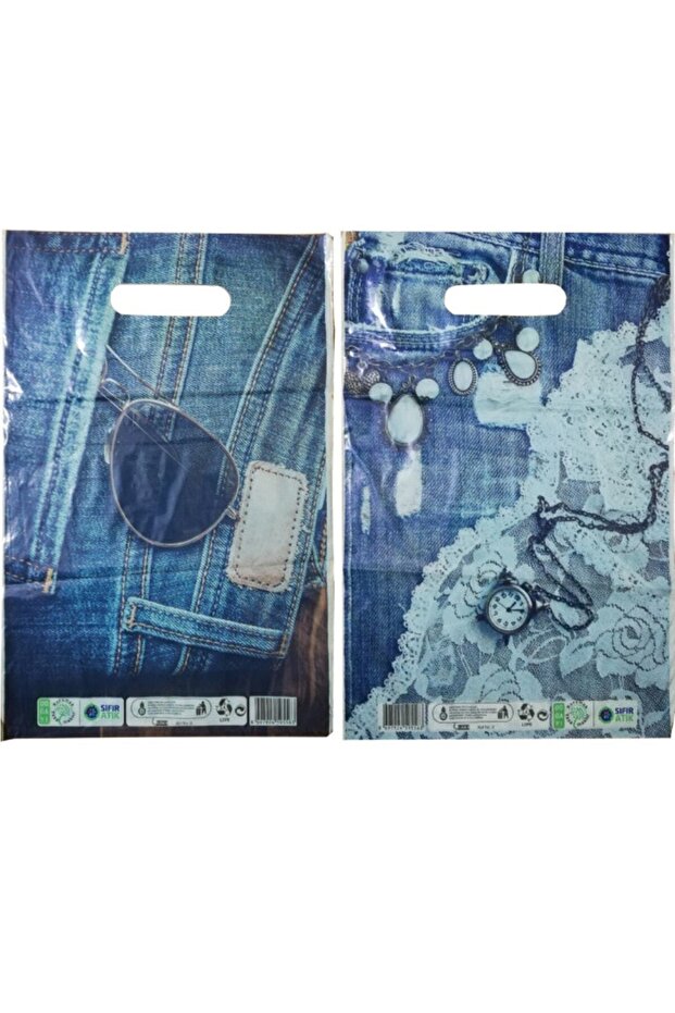 Baskılı Mağaza Poşeti (no 4) 50 Adet Kot Desenli Takviyeli Poşet Diagonal Poşet - 2