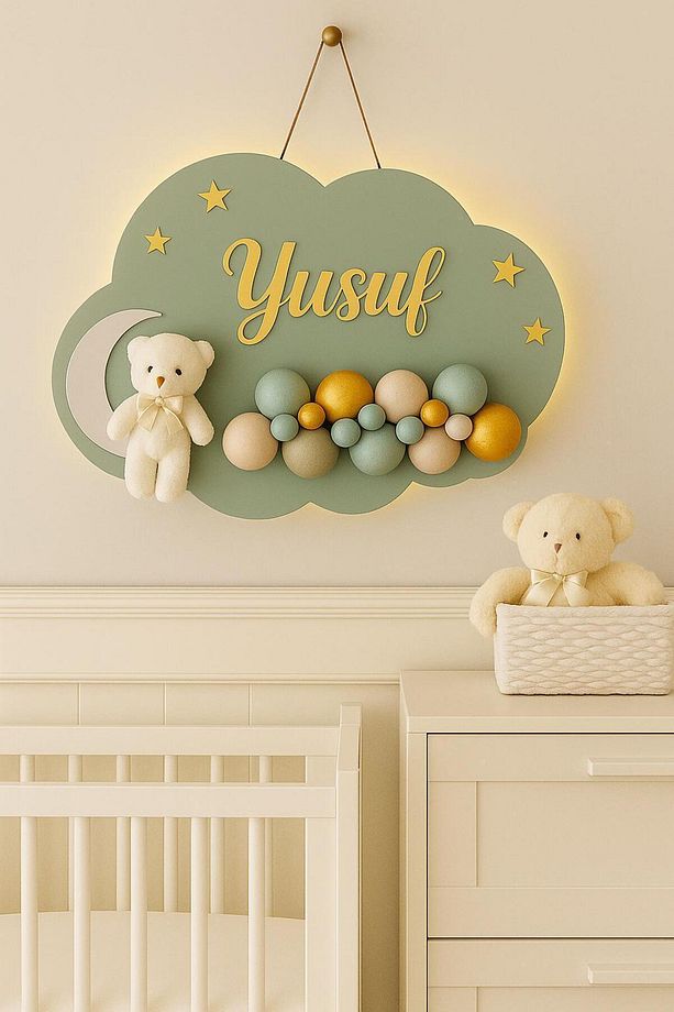 İstediğiniz Ismi Yazıyoruz - Bubble Ayıcıklı Ledli Bulut Bebek Kapı Süsü - 2