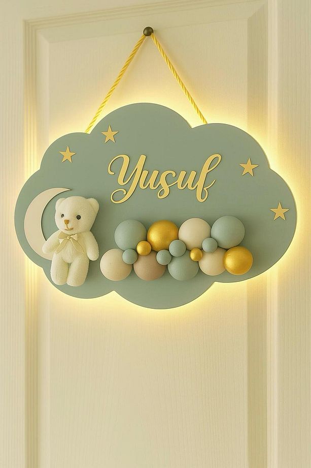 İstediğiniz Ismi Yazıyoruz - Bubble Ayıcıklı Ledli Bulut Bebek Kapı Süsü - 1