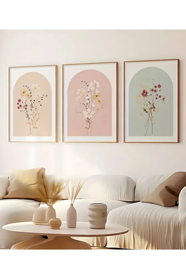 Set of 3 Flower Patterned Natural Wooden Framed Paintings – Uv Printing, Modern Wall Decor