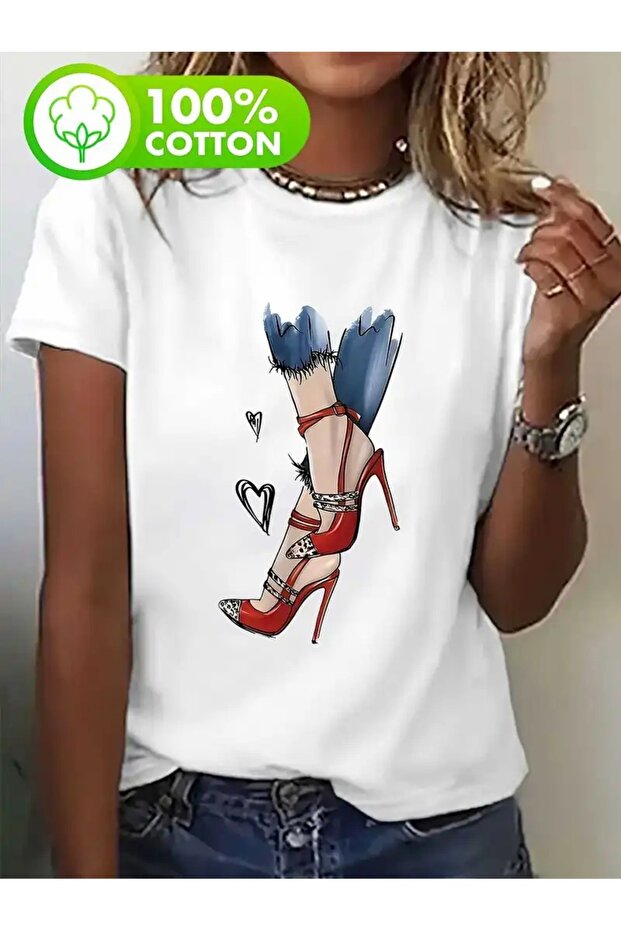 Stylish High Heel Boots for Women Printed Unisex Oversize Crew Neck T-Shirt