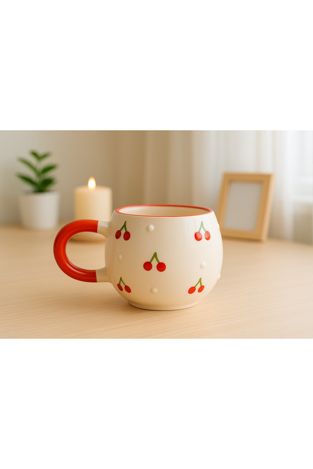U Handle Cherry Pattern Custom Embossed Hand Embroidered Ceramic Mug