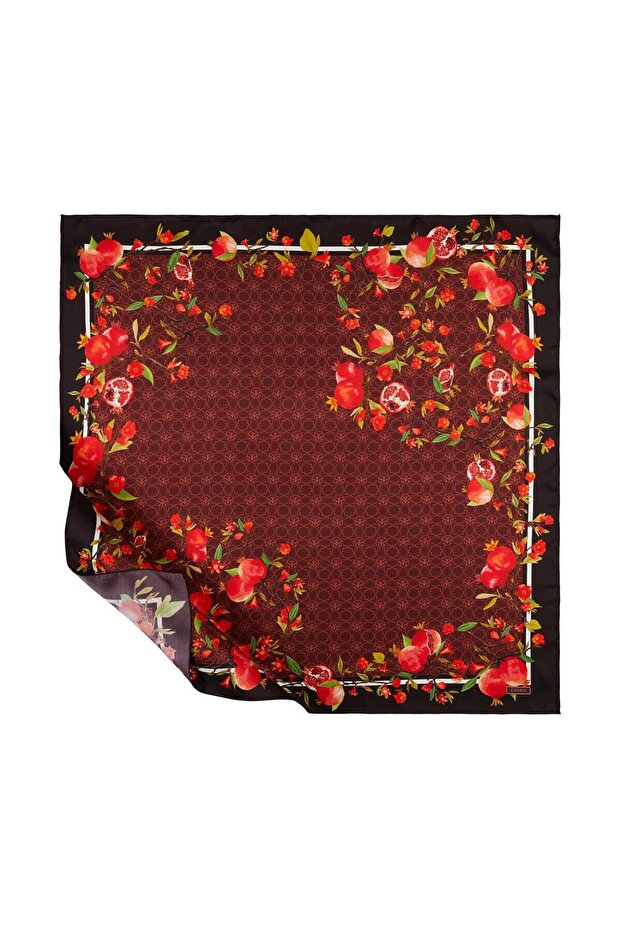 Nar Çiçeği Monogram Tivil İpek Eşarp Mürdüm - 1