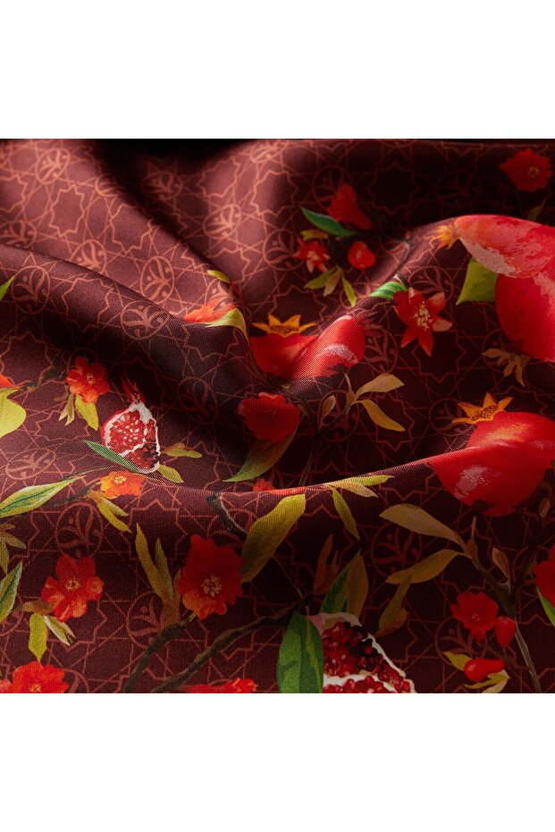 Nar Çiçeği Monogram Tivil İpek Eşarp Mürdüm - 2