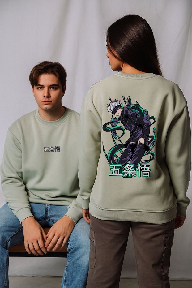 Lenithra Jujutsu Kaisen Gojo Anime Back Printed Unisex Oversize Gray Sweatshirt
